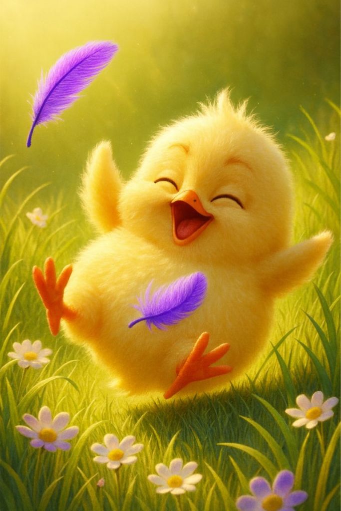 Cocò e la piuma nuova: il pulcino giallo salta corre e ride nel prato con la sua nuova piuma