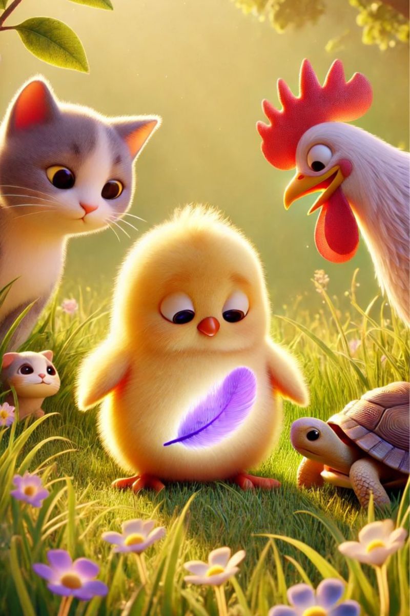 Cocò e la piuma nuova: il pulcino giallo chiede al micio, gallo e tartaruga ( i suoi amici) se è normale la piuma nuova