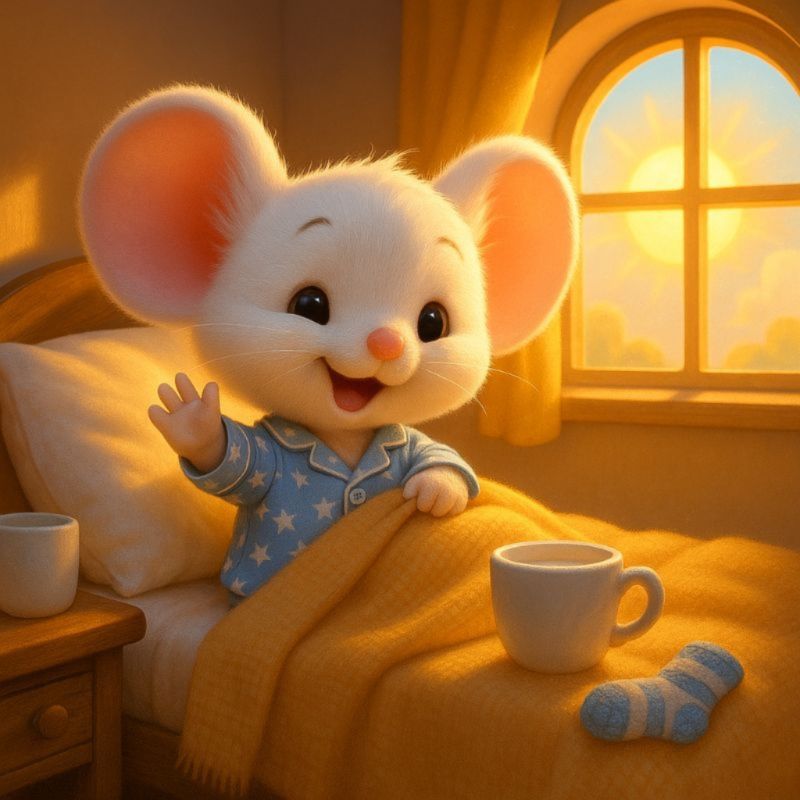 Filastrocca del risveglio: topolino nel suo pigiamino a stelle e righe saluta dal suo lettino con la copertina ben stretta fra le mani