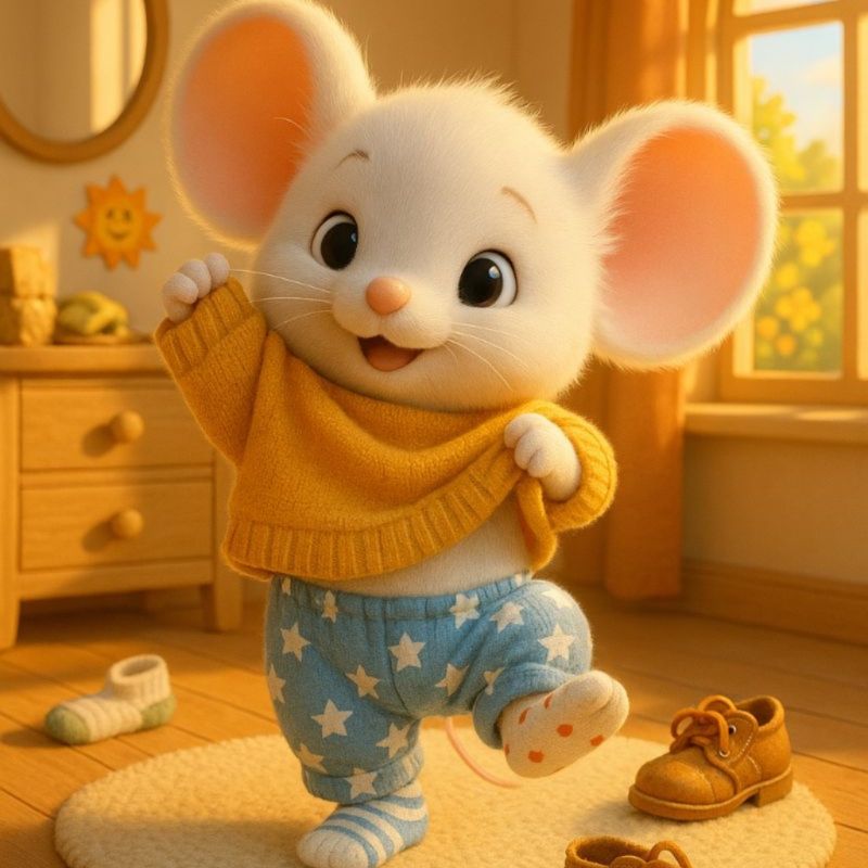 Filastrocca per vestirsi: Topolino si veste con un maglioncino giallo, i calzini spaiati e gli scarponcini