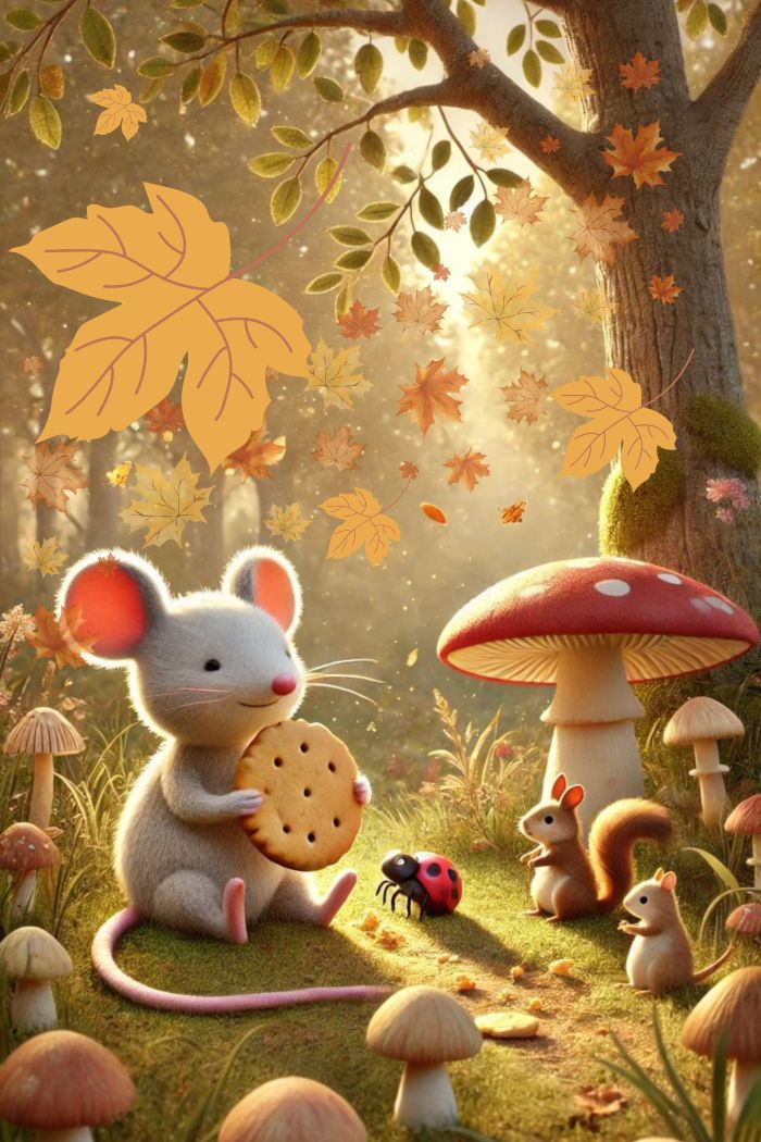 Lino il topolino e i suoi amici siedono insieme nel bosco alla fine del sentiero di briciole e fanno merenda insieme