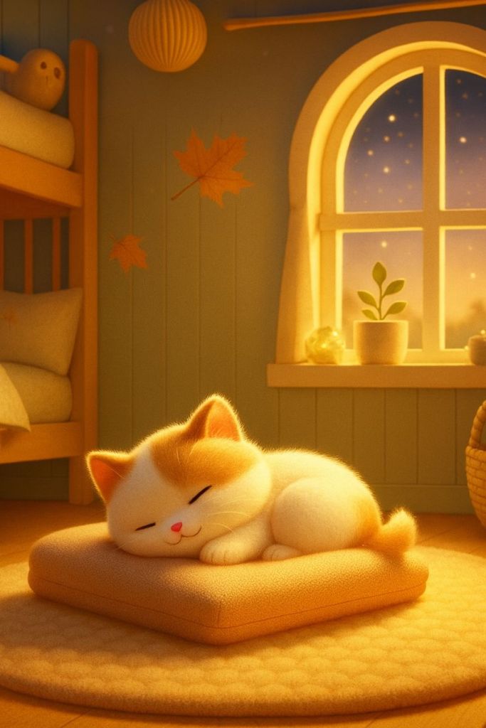 Fiabe della buonanotte: ;ilo il gattino esploratore Milo the explore kitten accoccolato sul suo cuscino riposa dopo le avventure della giornata in un'atmosfera calda e rilassante