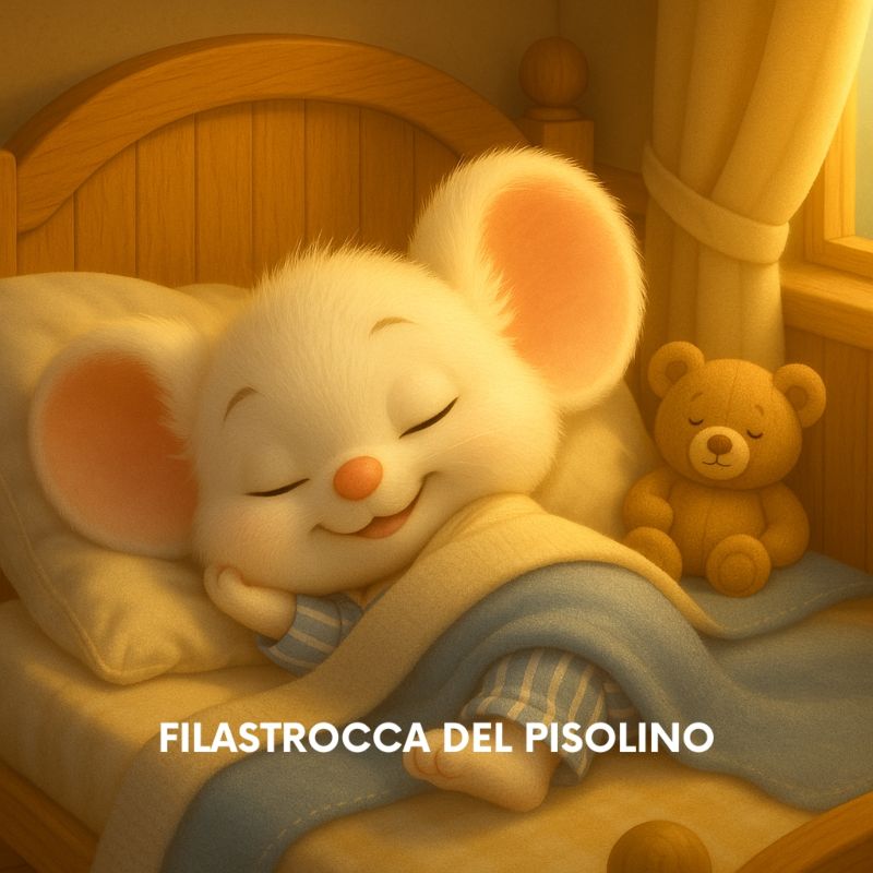 Filastrocca del pisolino: topolino accoccolato nel suo lettino con accanto l'orsacchiotto che schiaccia un pisolino sereno in un'atmosfera pomeridiana delicata e rilassante