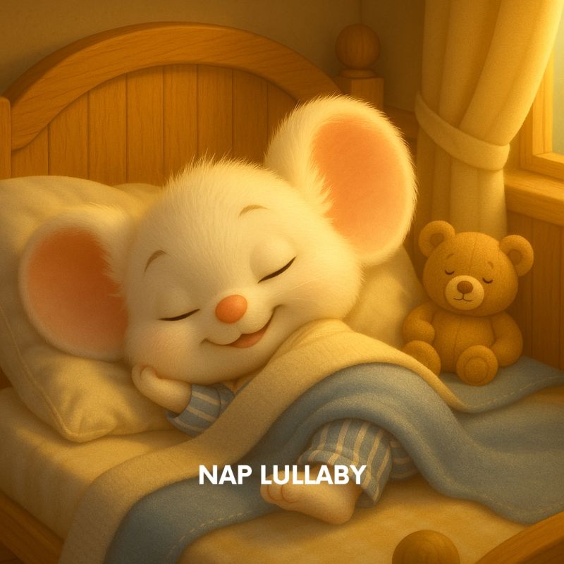 Filastrocca del pisolino: topolino accoccolato nel suo lettino con accanto l'orsacchiotto che schiaccia un pisolino sereno in un'atmosfera pomeridiana delicata e rilassante