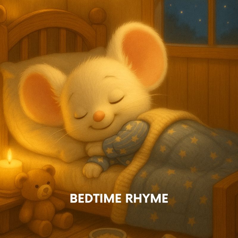 Filastrocca della buonanotte- bedtime rhyme: topolino dorme nel suo lettino con accanto l'orsacchiotto in un'atmosfera calda alla luce di una candela avvolto nella copertina azzurra a stelle come il pigiamino