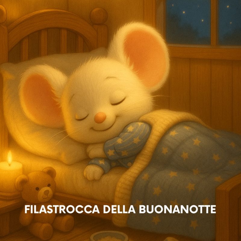 Filastrocca della buonanotte- bedtime rhyme: topolino dorme nel suo lettino con accanto l'orsacchiotto in un'atmosfera calda alla luce di una candela avvolto nella copertina azzurra a stelle come il pigiamino