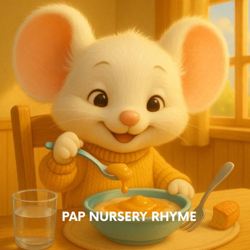 Filastrocca della pappa -pap nursery rhyme: Topolino fa la pappa allegramente in un'atmosfera calda e gioiosa. Sula tavolo ha un piatto di pappa un bicchiere con l'acqua e una forchetta birichina che balla