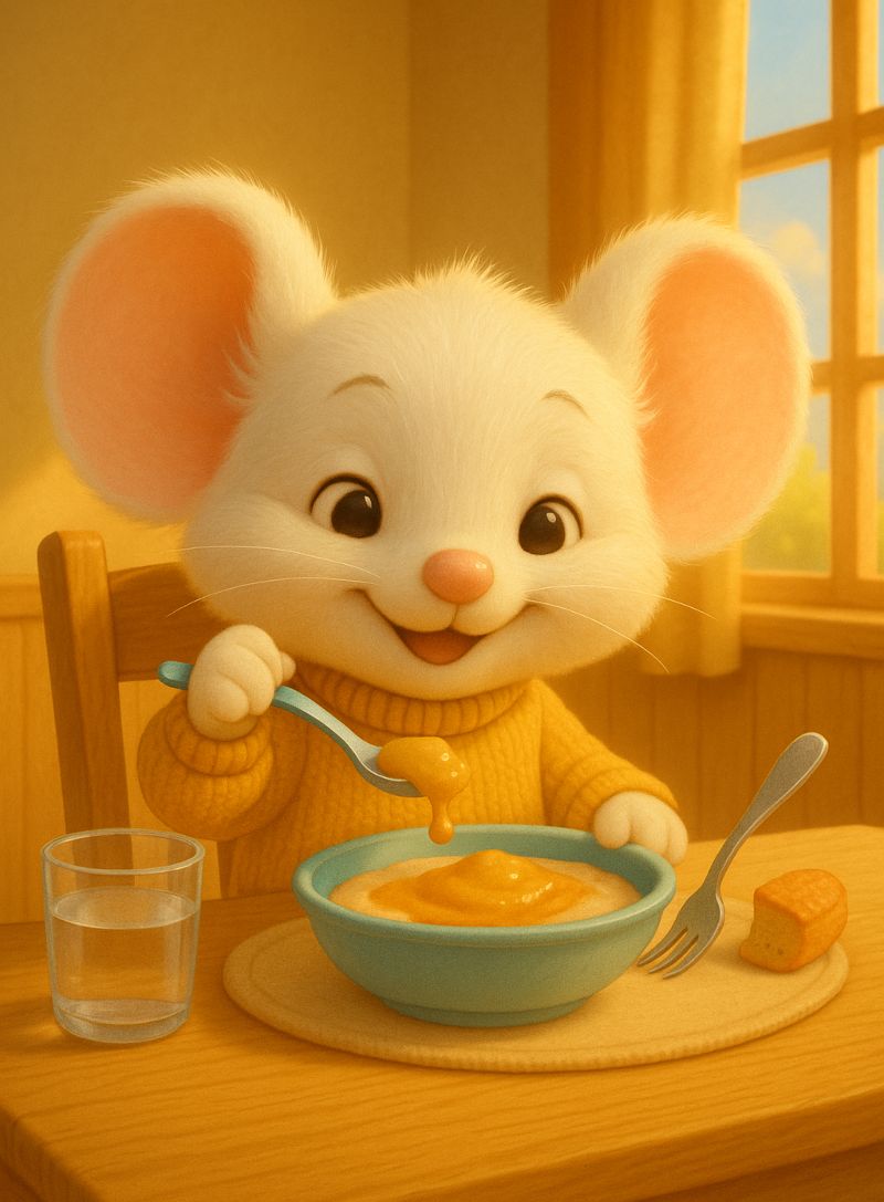 Filastrocca della pappa: Topolino fa la pappa allegramente in un'atmosfera calda e gioiosa. Sula tavolo ha un piatto di pappa un bicchiere con l'acqua e una forchetta birichina che balla