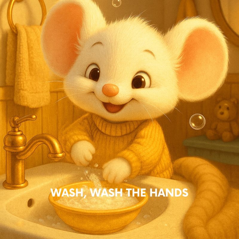 Filastrocca per lavarsi le mani: topolino davanti al lavandino con il suo maglioncino giallo che dìsi lava le mani allegramente facendo tante bolle con il sapone. Dietro di lui orsetto lo guarda divertito