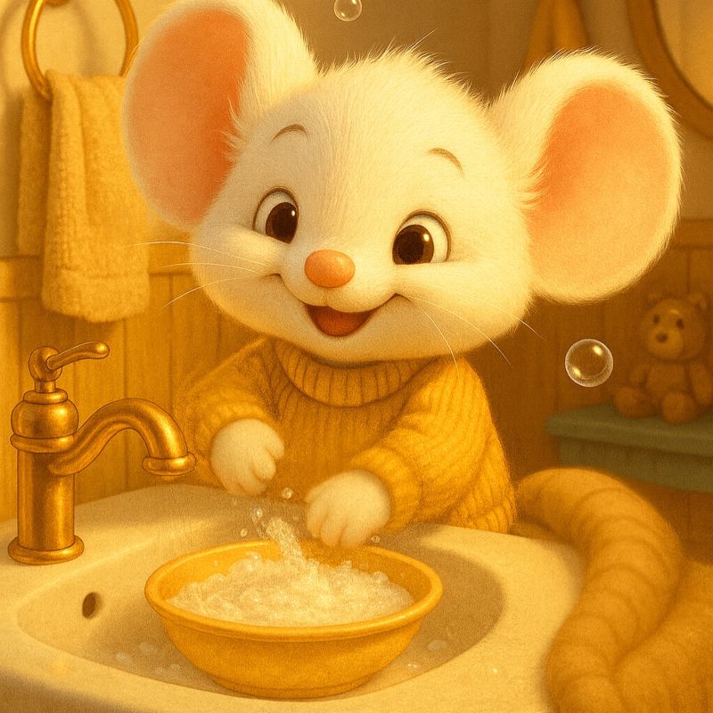 Filastrocca per lavarsi le mani: topolino davanti al lavandino con il suo maglioncino giallo che dìsi lava le mani allegramente facendo tante bolle con il sapone. Dietro di lui orsetto lo guarda divertito