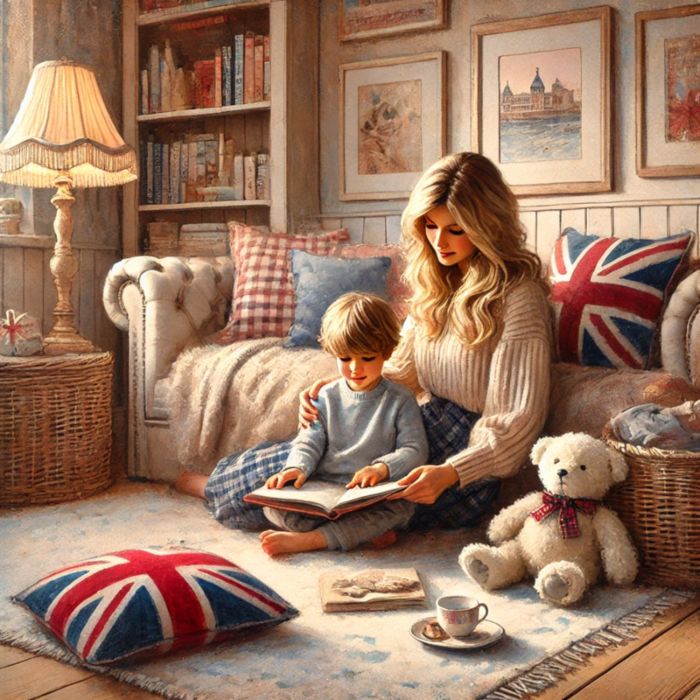 Introdurre l'inglese in modo naturale (0-5): mamma e bimbo che leggono una fiaba bilingue seduti sul tappeto in salotto con dettagli inglesi come cuscini union flag e copertine tartan