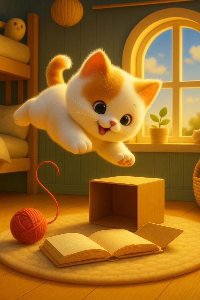 Fiaba della buonanotte: Milo il gattino esploratore nella sua cameretta gioca con una scatola un gomitolo saltando qui e là