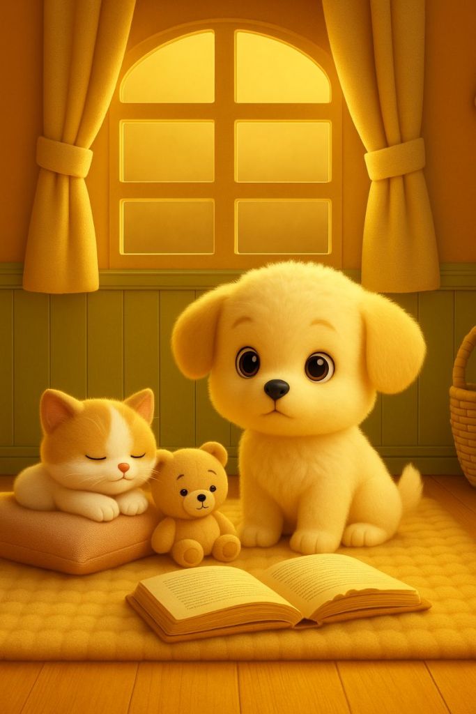 Tito the puppy's nap - il pisolino di tito il cagnolino Tito guarda i suoi amici la gattina e l'orsacchiotto che dormono sereni, in un'atmosfera calma e dorata perfetta per una fiaba della buonanotte