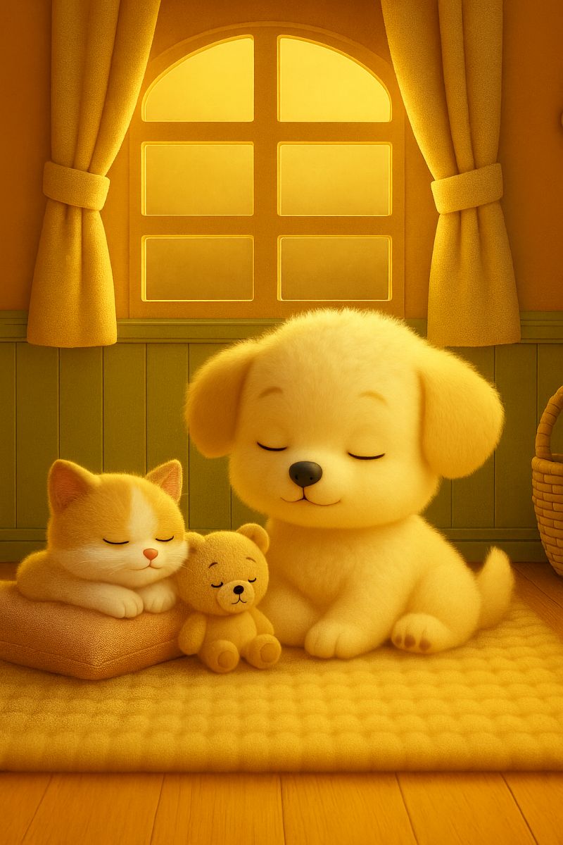 Tito the puppy's nap - il pisolino di tito il cagnolino Tito dorme tranquillo con i suoi amici la gattina e l'orsacchiotto, in un'atmosfera calma e dorata perfetta per una fiaba della buonanotte