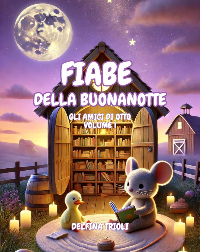 Copertina del libro "Fiabe della buonanotte - gli amici di Otto" con un capanno libreria sullo sfondo e un topolino che legge una fiaba ad un tenero anatroccolo in un'atmosfera serale tranquilla rischiarata dalla luna e dalle candele