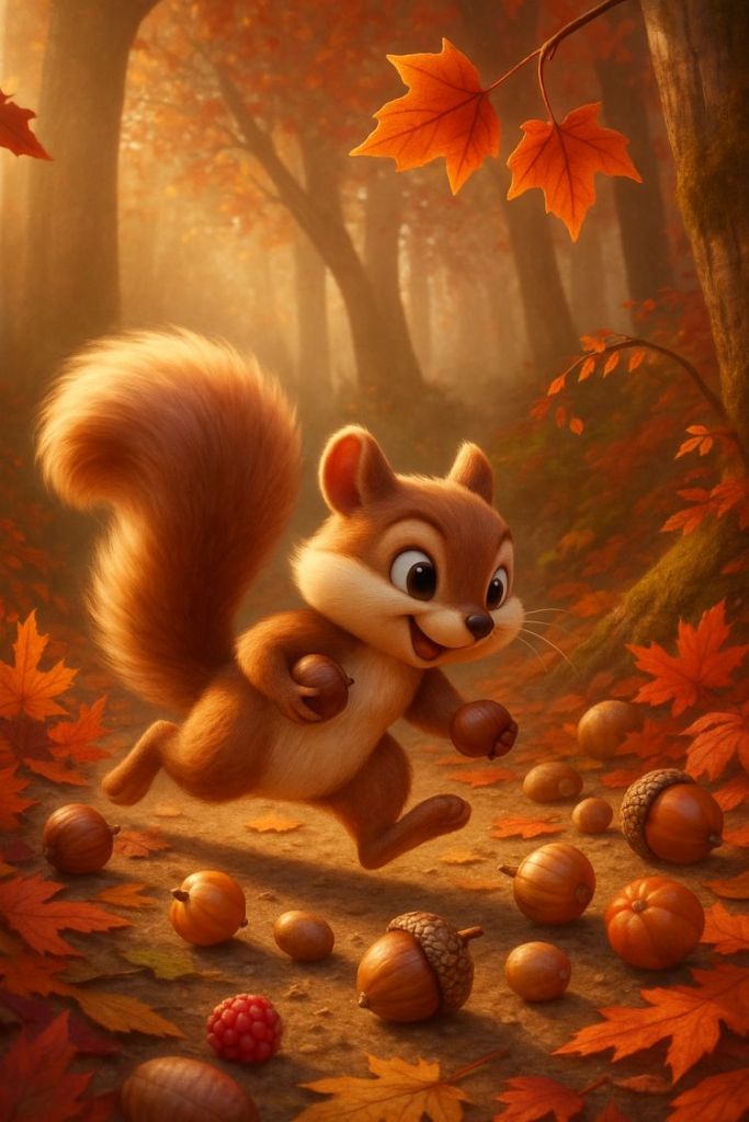 fiabe della buonanotte LE PROVVISTE DI NINO LO SCOIATTOLO-NINO THE SQUIRREL'S PANTRY NINO CORRE DA UNA PARTE ALL'ALTRA DEL BOSCO AUTUNNALE CERCANDO NOCI NOCCIOLE E BACCHE