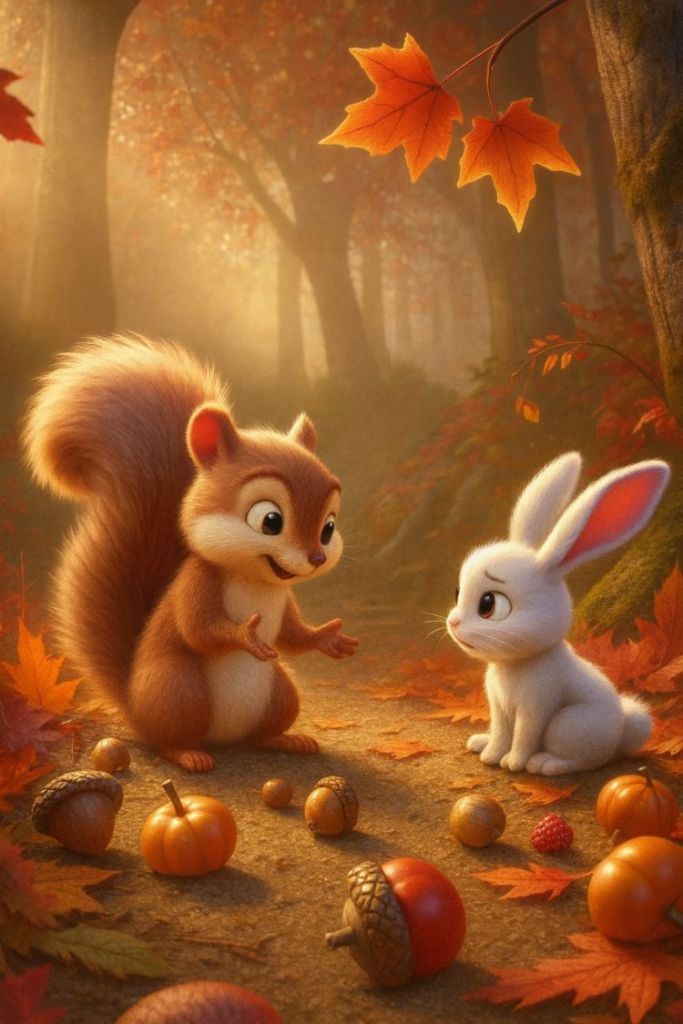 fiabe della buonanotte LE PROVVISTE DI NINO LO SCOIATTOLO-NINO THE SQUIRREL'S PANTRY NINO PARLA CON LA LEPROTTA NEL BOSCO AUTUNNALE