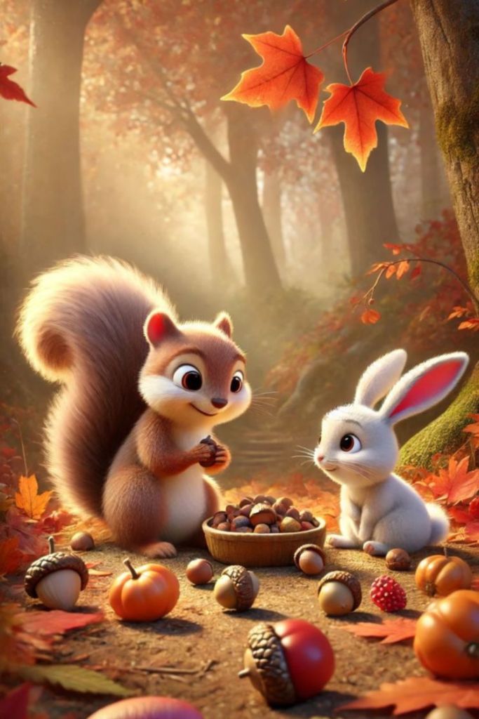 fiabe della buonanotte LE PROVVISTE DI NINO LO SCOIATTOLO-NINO THE SQUIRREL'S PANTRY NINO NEL BOSCO AUTUNNALE CHE RIEMPIE UNA CIOTOLA DI NOCCIOLE PER LA SUE PROVVISTE INVERNALI