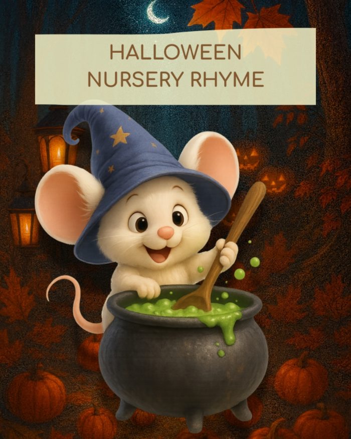 filastrocca di halloween- halloween nursery rhyme: topolino davanti a un grande calderone chhe mescola pozioni magiche e spaventose. Indossa un grande cappello da mago nero con stelline dorate