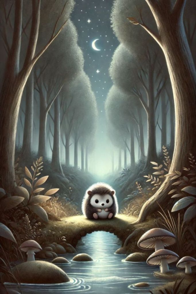 Rocco the hedgehog seduto ne bosco su un ponticello su un ruscello, la notte, che ascolta le fiabe della buonanotte del bosco