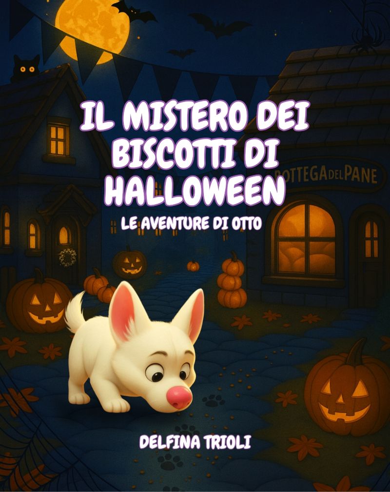 Otto e il mistero dei biscotti di Halloween - le avventure di Otto Copertina dellibro con immagine di otto che annusa per terra e segue una traccia nella notte di halloween fra pipistrelli, zucche illuminante e strane presenze
