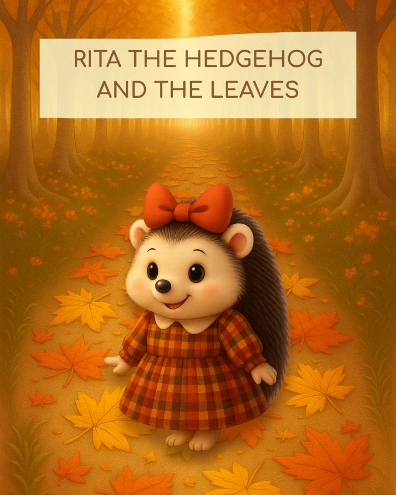 Rita the hedgog copertina della fiaba con rita il riccio nel centro del srntiero di foglio con il suo abito autunnale e un'espressione incuriosita