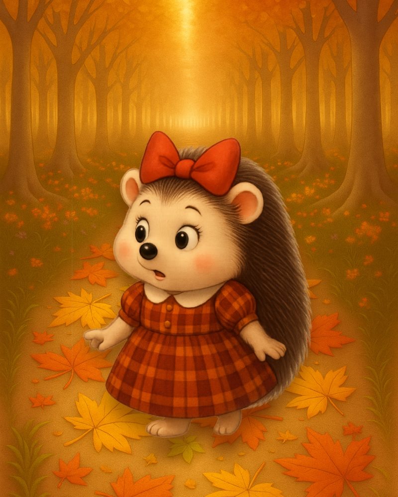 Rita il riccio rita the hedgehog su un sentiero di foglie con un abitino autunnale che si chiede dove porti il sentiero con fare curioso