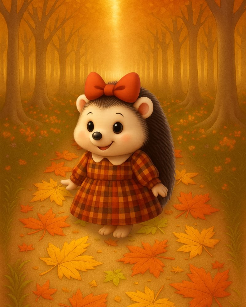 Rita the hedghog - Rita il riccio, una simaptica riccio con un vestito autunnale nel bosco, al centro di un sentiero coperto di foglie fra gli alìberi con una bellissima luce dorata