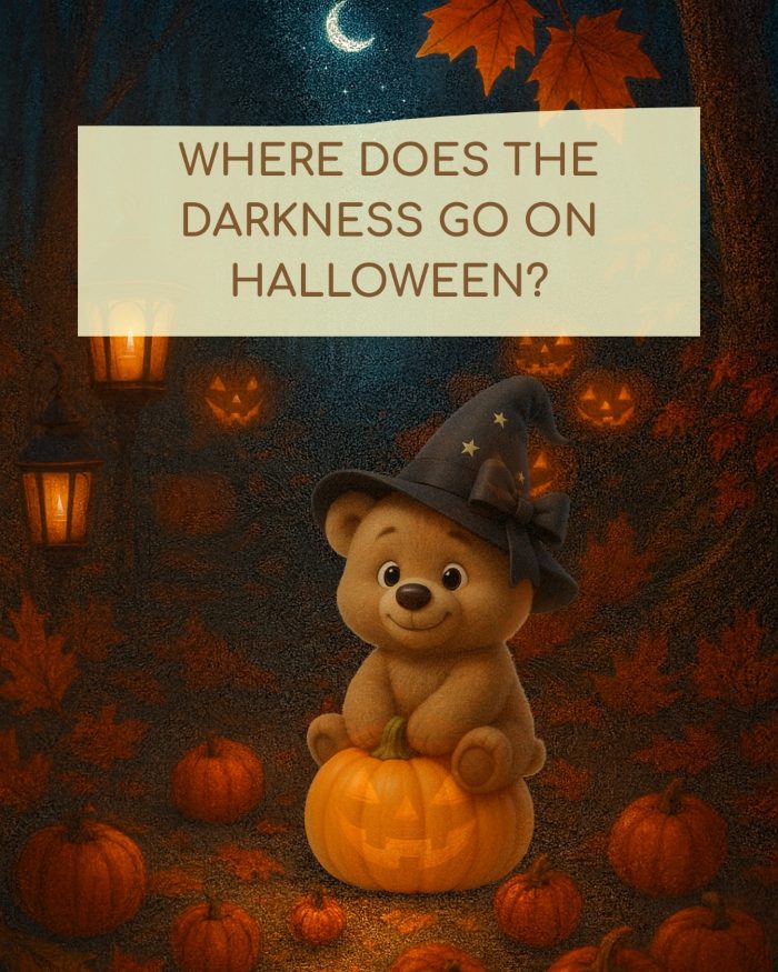 WHERE DOES THE DARKNESS GO ON HALLOWEEN - bRUNO L'ORSACCHIOTTOseduto su una ziìucca e sullo sfondo il bosco di notte con tante zucche e lanterne luminose