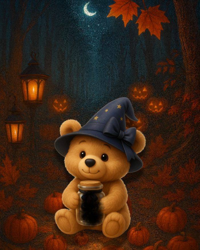 L'orsacchiotto Bruno seduto con un barattolo pieno di buio e sullo sfondo il bosco di notte con tante zucche e lanterne luminose