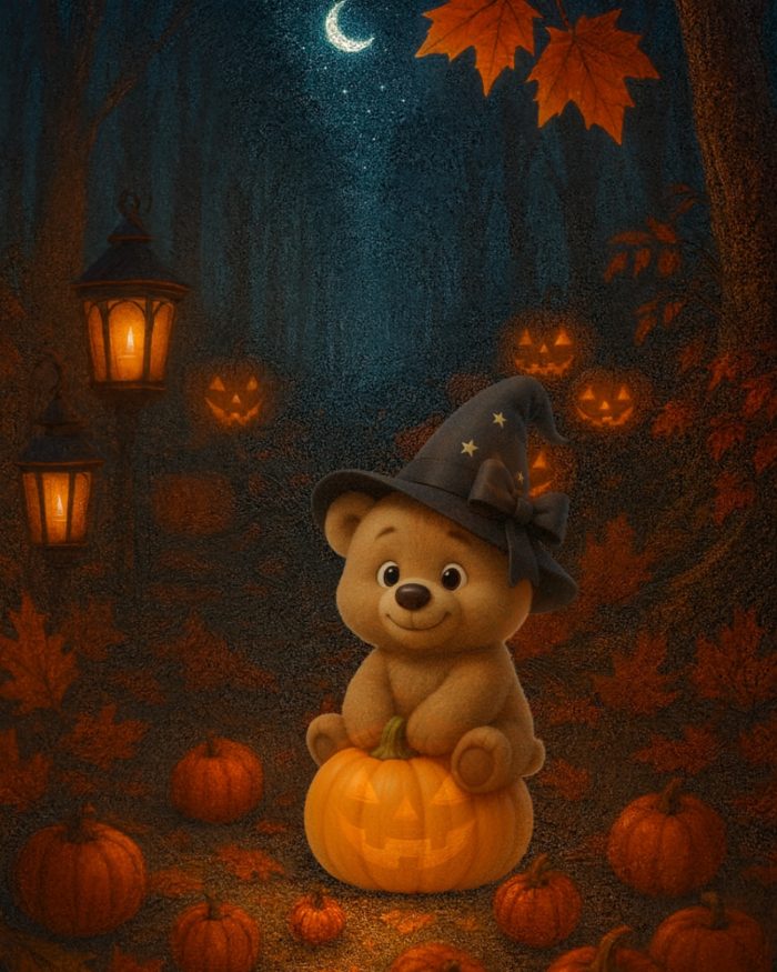 L'orsacchiotto bruno seduto su una ziìucca e sullo sfondo il bosco di notte con tante zucche e lanterne luminose