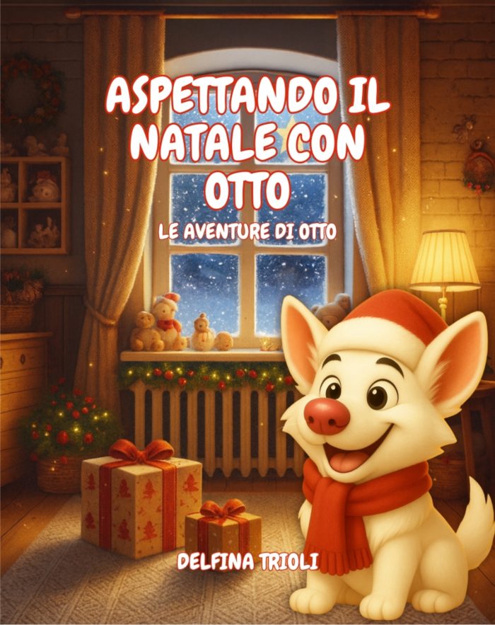 Copertina del libro Aspettando il natale con Otto con Otto con il cappello di Babbo Natale in una stanza addobbata e vicino a pacchetti incartati
