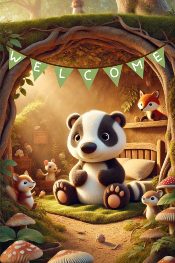 bruno il tasso cerca casa - BRUNO THE BADGER IS LOOKING FOR A HOME, felice nella sua tana con i suoi amici, la volpe, il topolino il riccio che lo hanno aiutato