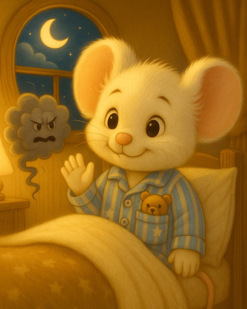 Filastrocca del Capriccio_ Topino sotto le coperte che saluta la nuvoletta del Capriccio e coccola il pupazzetto nel taschino del suo pigiamino