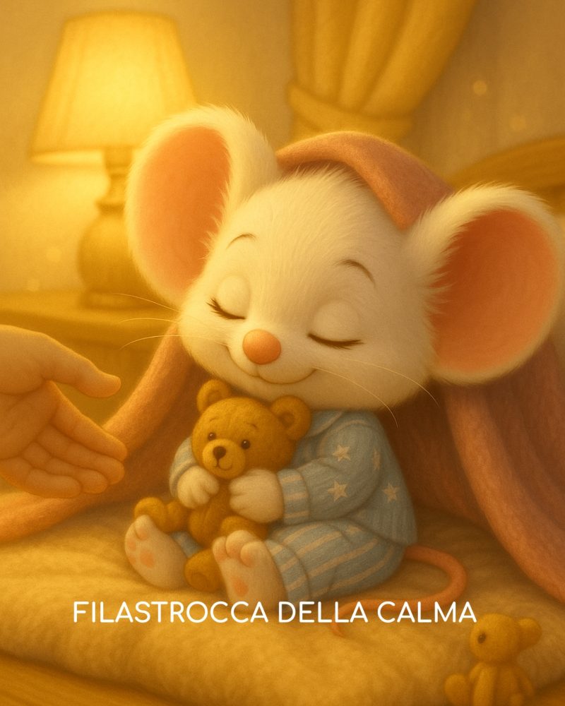 Filastrocca della calma Topino con il suo orsetto calmo e rilassato nel suo pigiamino a righe