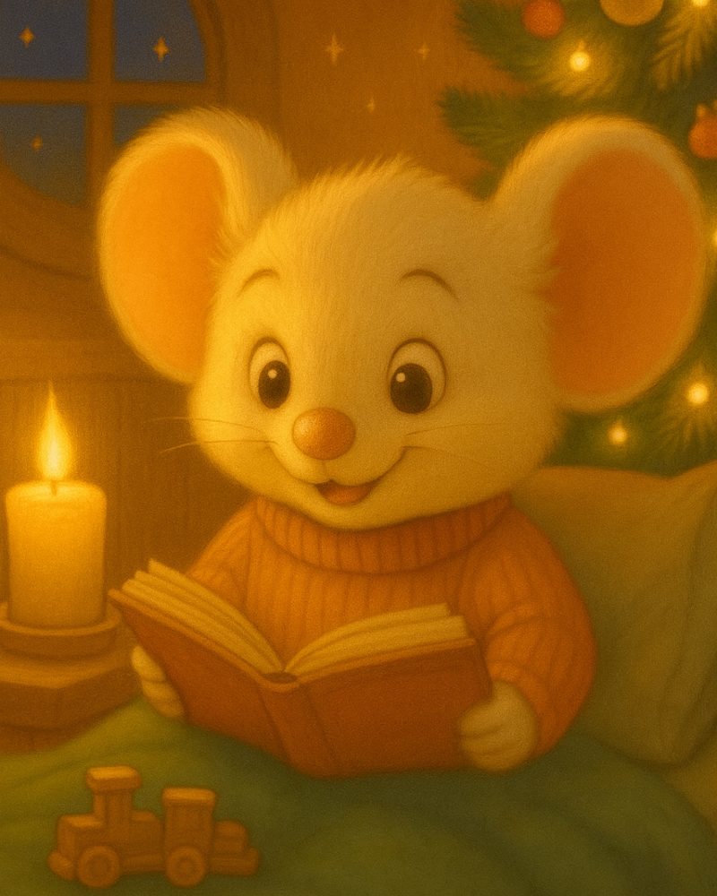 Topino comodo con una coperta, un cuscino e una candela che legge un libro in un'atmosfera calda e accogliente