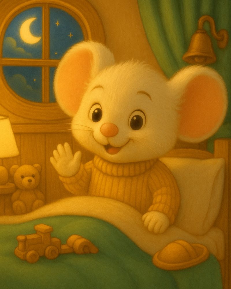 Filastrocca per prepararsi alla nanna - Topino nel suo lettino con i giochi, le pantofole e l'orsetto che lo aiutano a fare la nanna, in un'atmosfera dorata e tranquilla