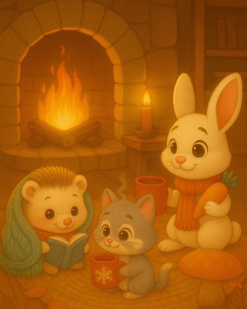 La casetta sola soletta - A little lonely house una casa gialla con la porta blu nel bosco autunnale dentro con gli amici del bosco, una coniglietta, un riccio, un gattino che insieme leggono un libro, e bevono un tè