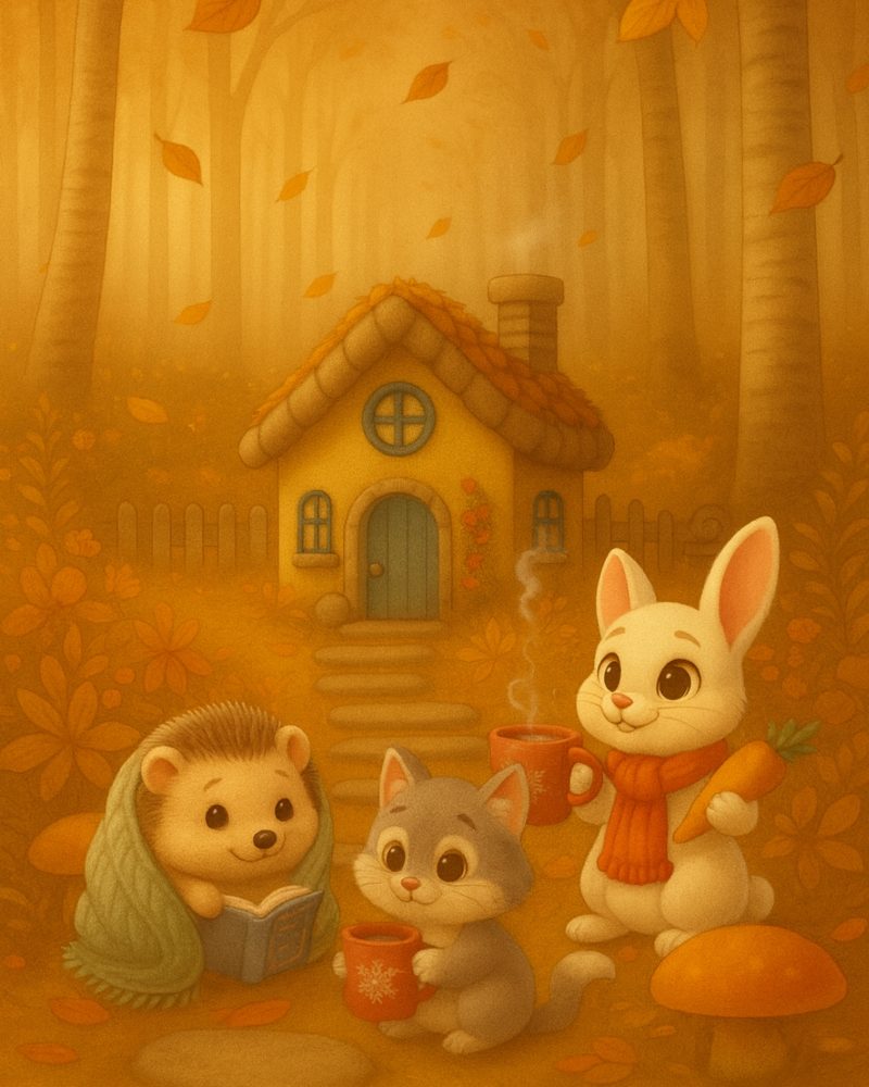 La casetta sola soletta - A little lonely house una casa gialla con la porta blu nel bosco autunnale, davanti un coniglietto con una carota una gattino con con una tazza fumante un riccio con una coperta e un libro