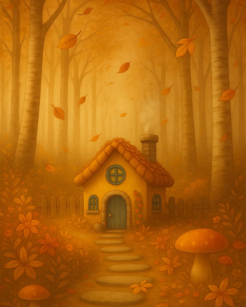 La casetta sola soletta - A little lonely house una casa gialla con la porta blu nel bosco autunnale con le finestre spente