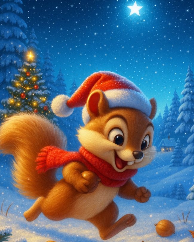 Orlando the bear's Christmas - il Natale edi Orso Orlando: Scoiattolo che corre a perdifiato nella foresta innevata con un cappello di Babbo Natale e una sciarpa rossa cercando Orso Orlando