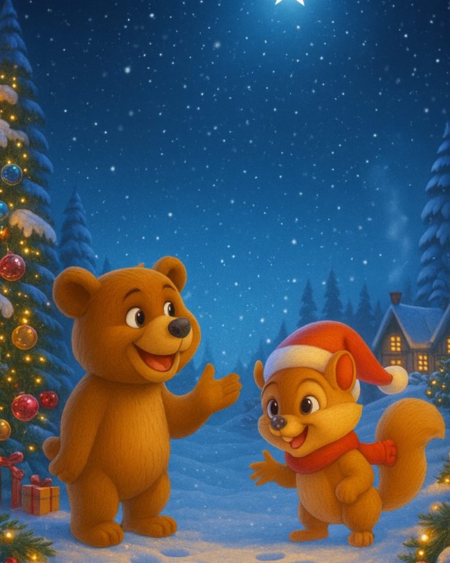 Orlando the bear's Christmas - Il Natale di Orso Orlando: Orlando e scoiattolo parlano sullo sfondo un paesaggio natalizio con neve, alberi di natale, lucine e un cielo stellato