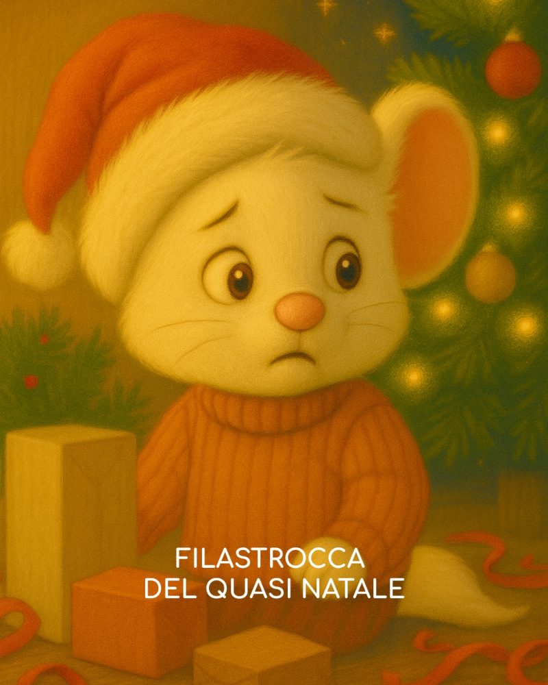 tOPOLINO NELLA FILASTROCCA DEL QUASI NATALE, TOPOLINO CON IL CAPPELLO DI BABBO NATALE DI TRAVERSO, SEDUTO FRA PACCHETTI DA FARE E ALLE SPALLE UN ALBERO NON DEL TUTTO FATTO