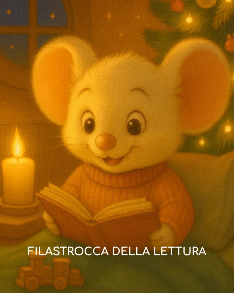 Filastrocca della lettura: Topino comodo con una coperta, un cuscino e una candela che legge un libro in un'atmosfera calda e accogliente