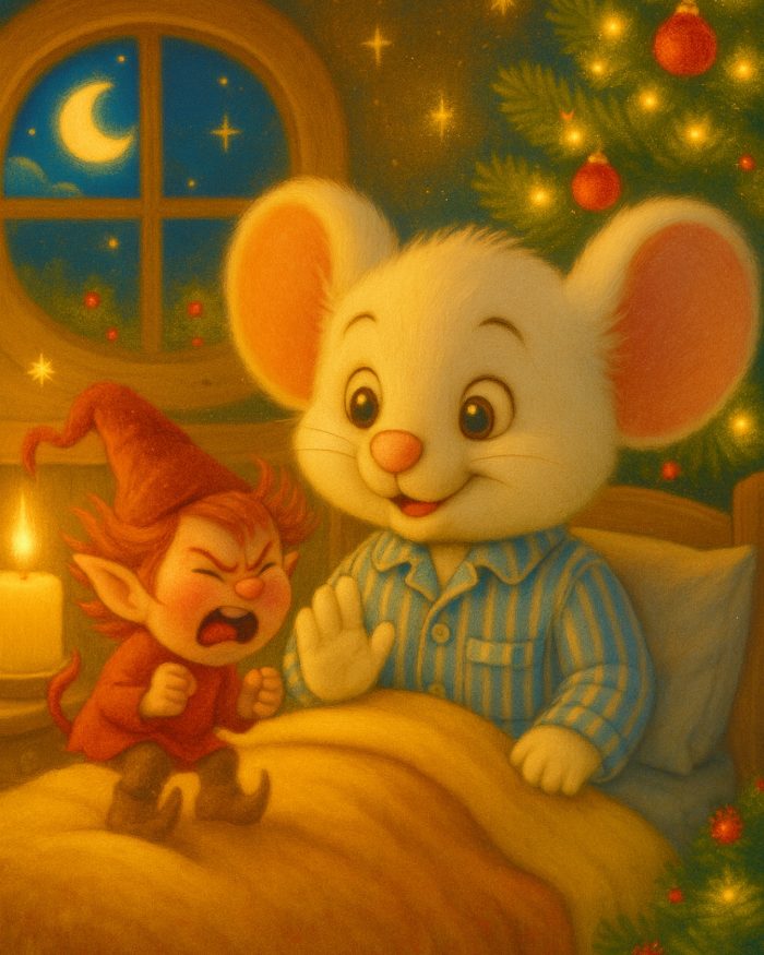 Filastrocca dell'attesa- topino nel suo pigiamino arighe, sotto le coperte, tiene a bada un folletto dispettoso che si chiama attesa