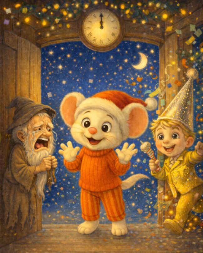 Filastrocca di fine anno: Topolino nel suo pigiama rosso natalizio con il cappello di Babbo Natale fra il vecchio e il giovane che cerca di mettere ordine e far iniziare il Nuovo anno