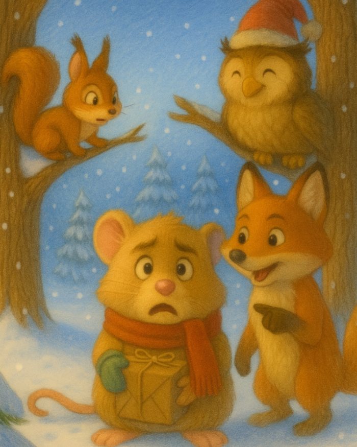 gino-il-ghiro-gino-the-dormouses-journey- con la faccia spaventata, nella neve con i suoi amici la volpe, lo scoiattolo e il gufo