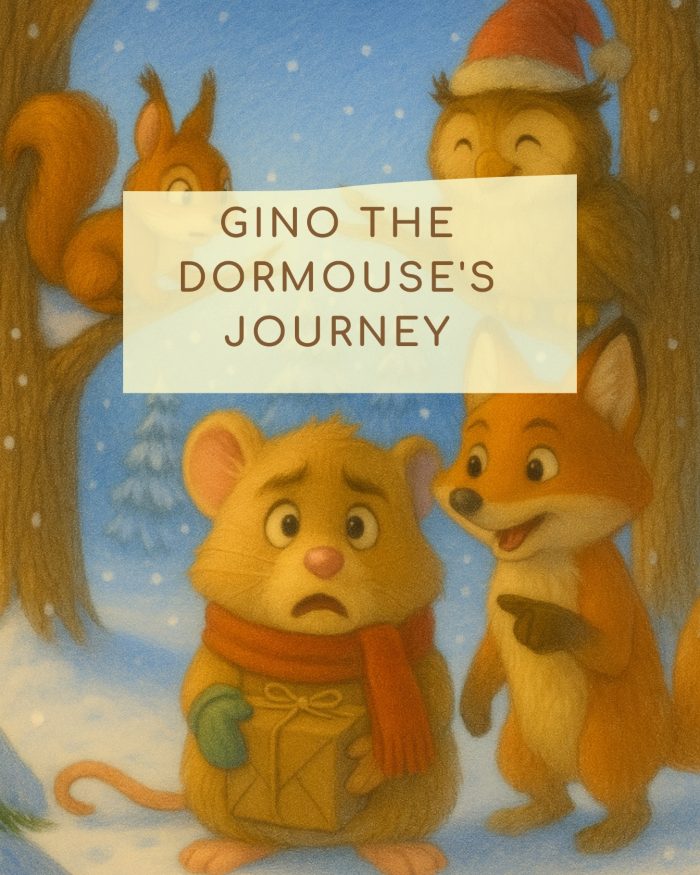 gino-il-ghiro-gino-the-dormouses-journey- con la faccia spaventata, nella neve con i suoi amici la volpe, lo scoiattolo e il gufo
