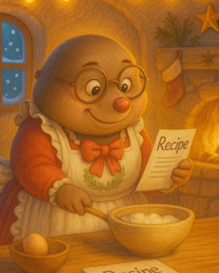 I BISCOTTI DI TALPA TEA: TEA IN PIEDI CON IL SUO GREMBIULE NATALIZIO CHE LEGGE LA RICETTA DEI VISCOTTI CON UNA CIOTOLA PIENA DI FARINA SUL TAVOLO UOVE E UN GRANDE CUCCHIAIO DI LEGNO