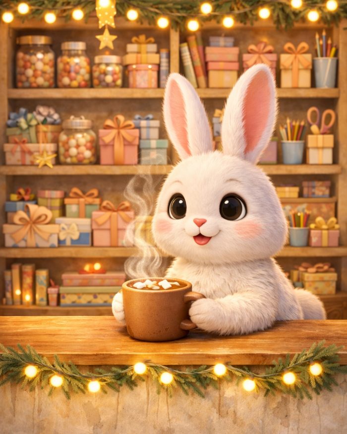 mIA E TEO L'ULTIMO GIORNO DELL'ANNO MIA, LA LEPROTTA BINACA, DIETRO IL BANCONE DELL'EMPORIO DEL BOSCO CHE BEVE UNA CIOCCOLATA CLADA MENTRE ATTENDE CHE LA GIORNATA COMINCI. SULLO SFONDO SCAFFALI PIENI DI BARATTOLI, BISCOTTI E OGNI TIPO DI COSA